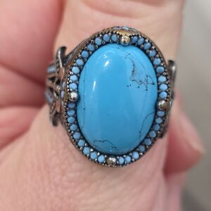 Turquoise Oval Statement Ring - Blue Gemstone Silver Band
